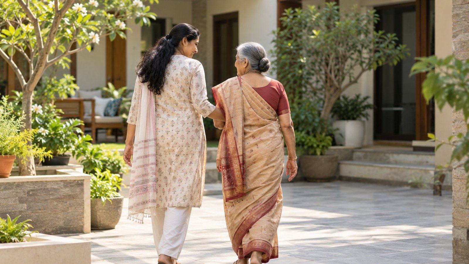 Older Indian woman walking with a family member in a home courtyard.