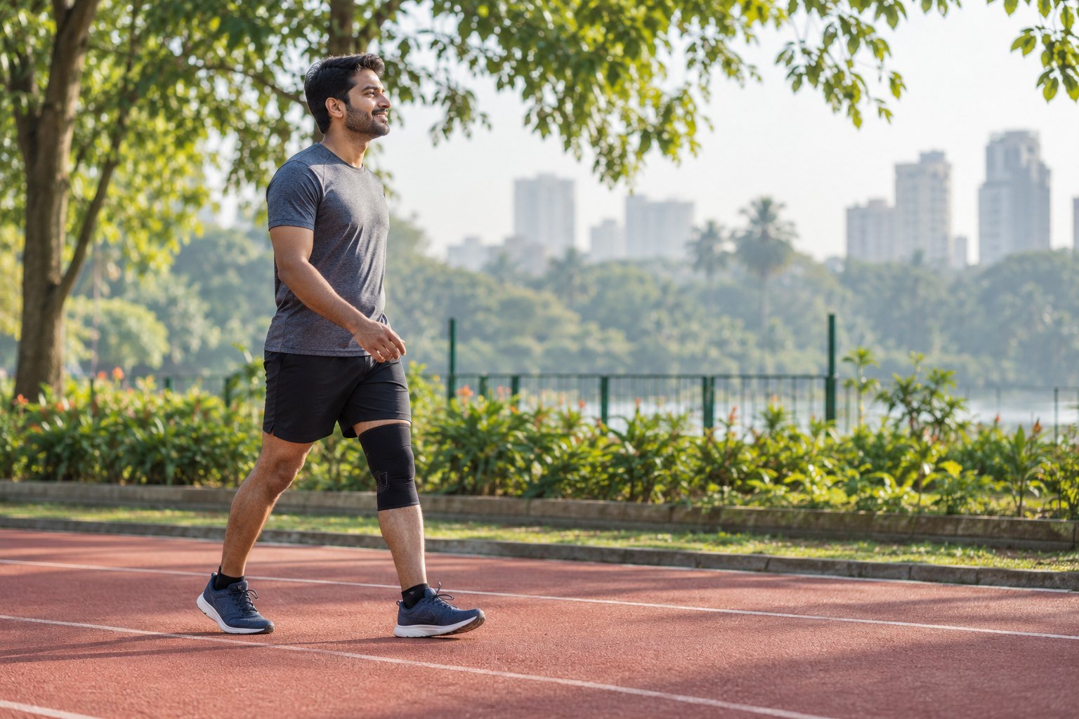 Indian recreational runner walking on a track with a knee support.